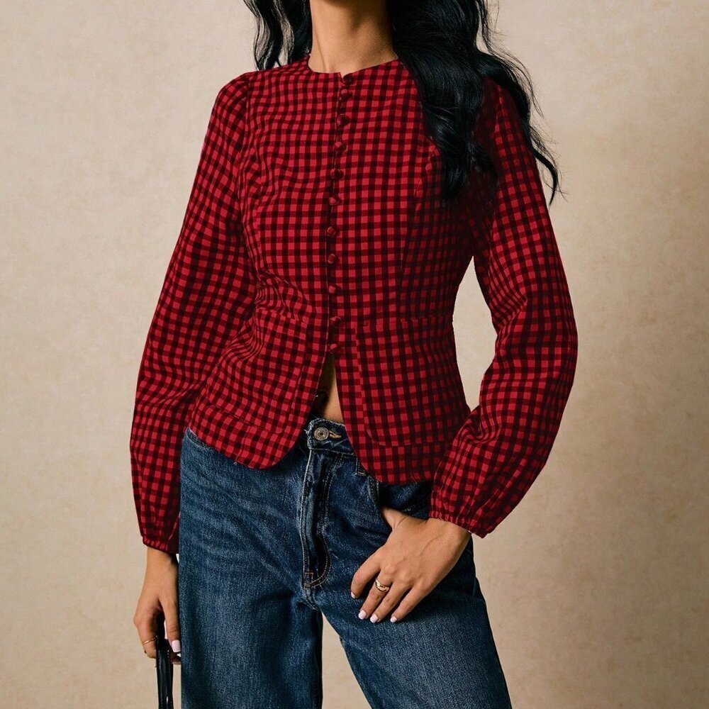Red Casual Women's Plaid Long Sleeve Work Shirt